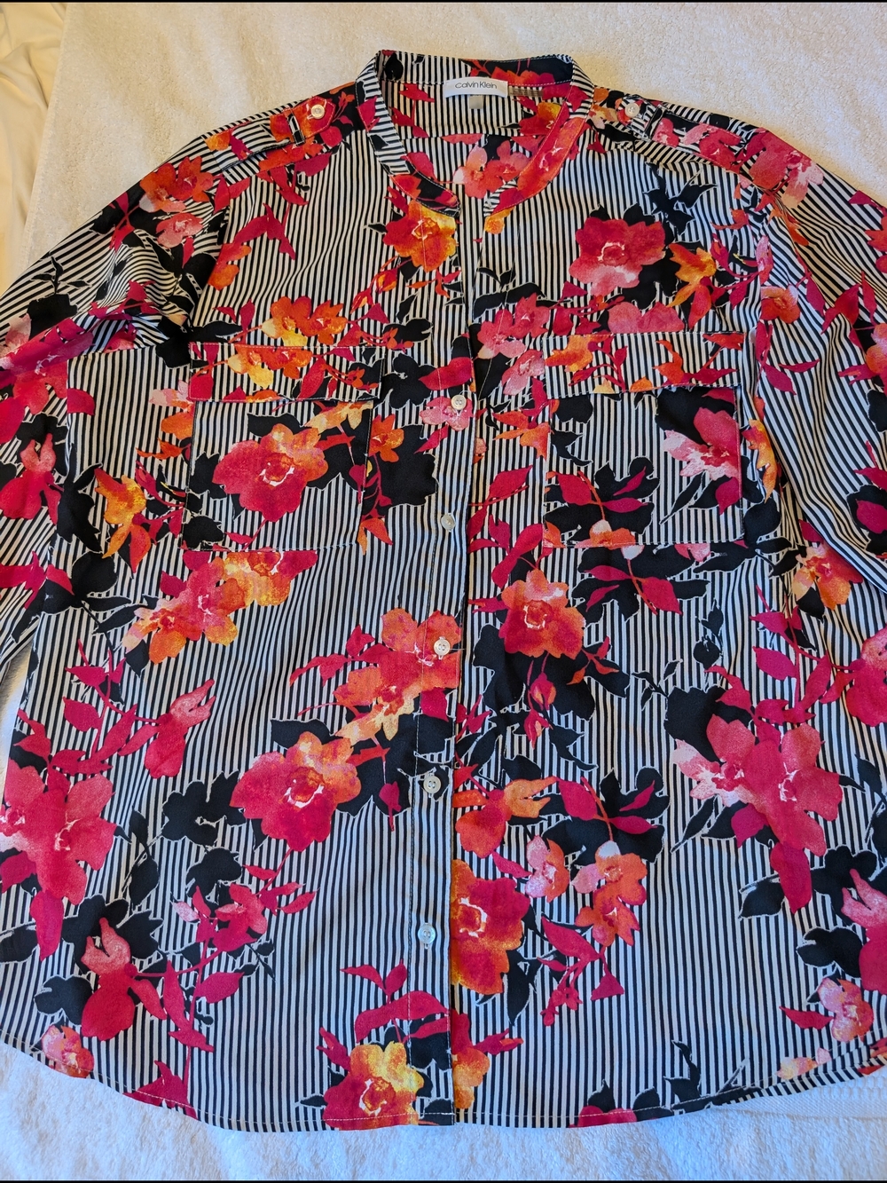 Floral Stripe Button-Up Blouse in Black, White & Pink-Orange